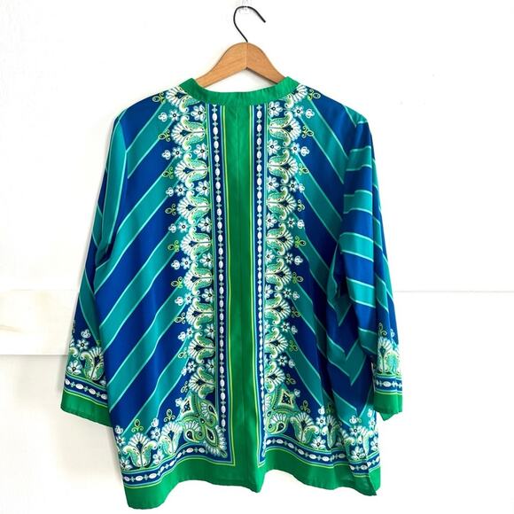 Bob Mackie Wearable Art Green Blue Boho Stripes Paisley Button Down 1X - Picture 3 of 9